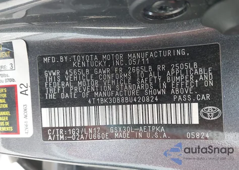 2011 Toyota Avalon Limited из США, поврежденный, VIN 4T1BK3DB8BU420824